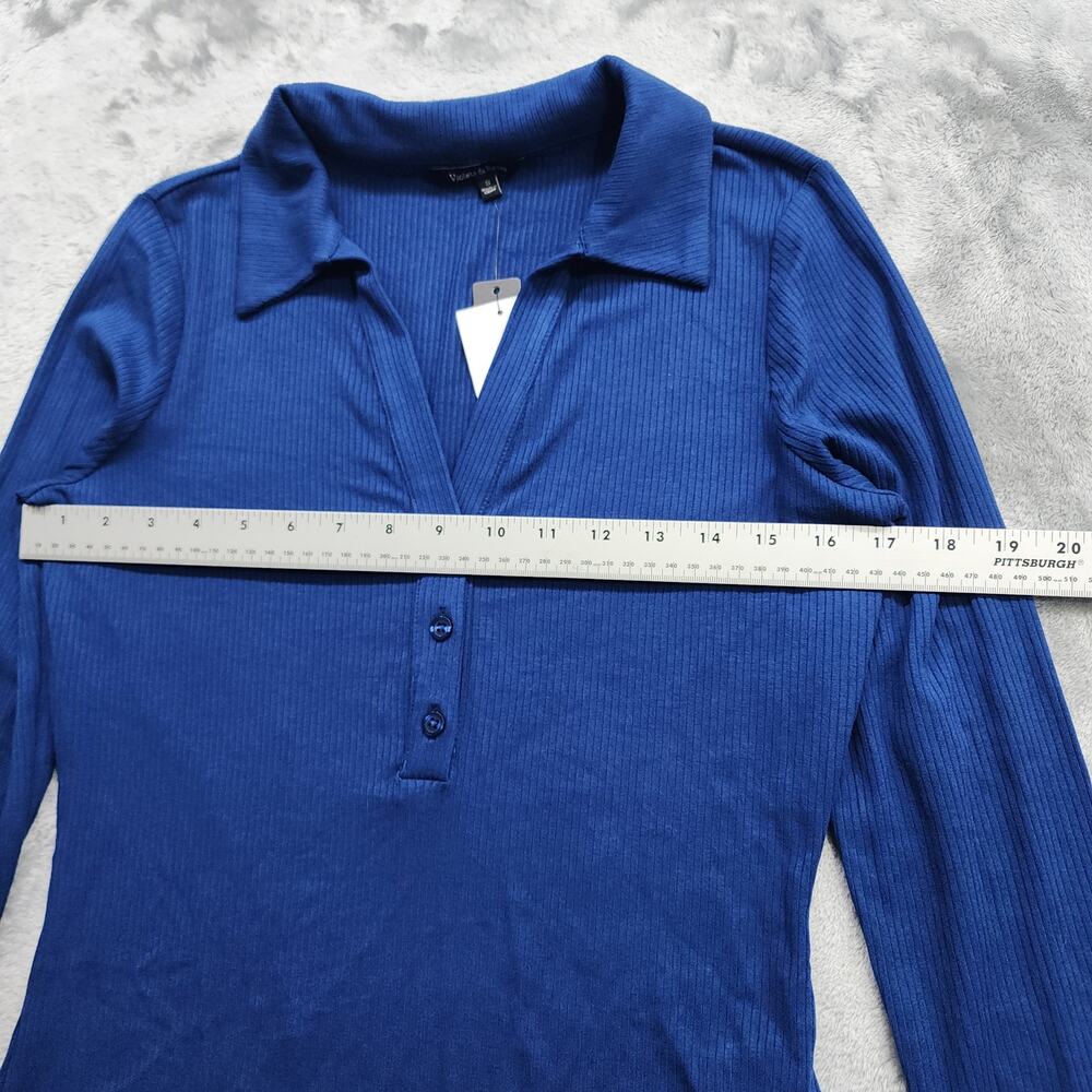 NEW Violets & Roses Top Womens S Blue Ribbed Knit Long Sleeve Collared Bodysuit - Picture 9 of 12